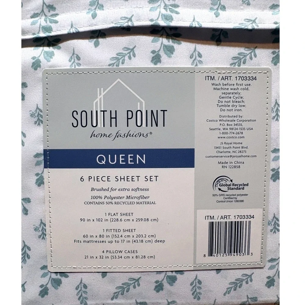 South Point Home Fashions Queen 6 Piece Sheet Set Floral Green White 1703334